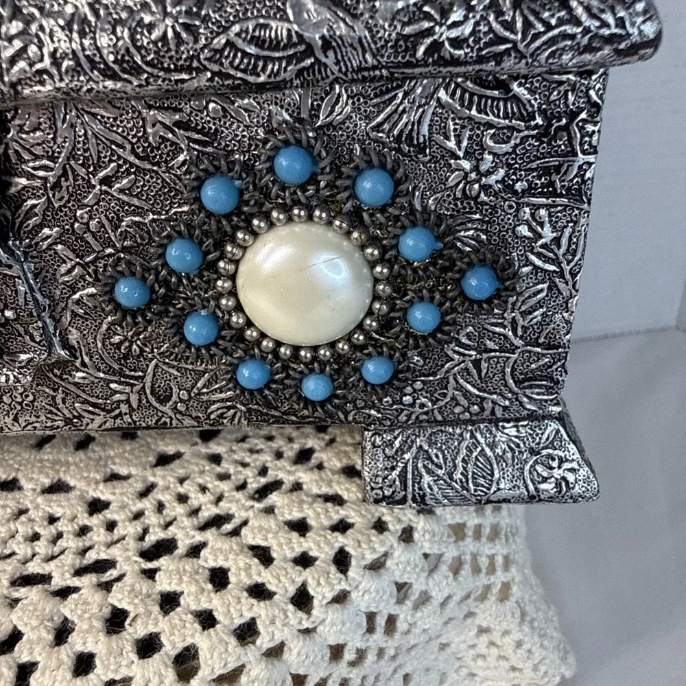 Vtg. 1970s Decorative Handmade Silver Tone Jewelry Box Turquoise Ruby Pearl Bead